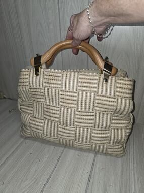 Vtg Woven Seatbelt Shoulder Bag With Lucite Handles Made In Italy Cream Brown
